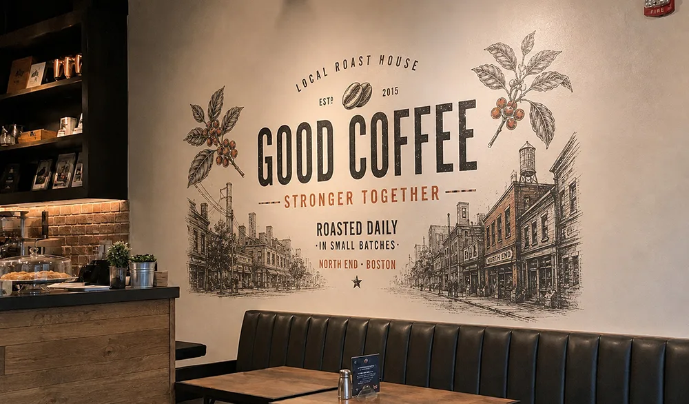 Coffee lettering and illustrated streets printed on a café wall.