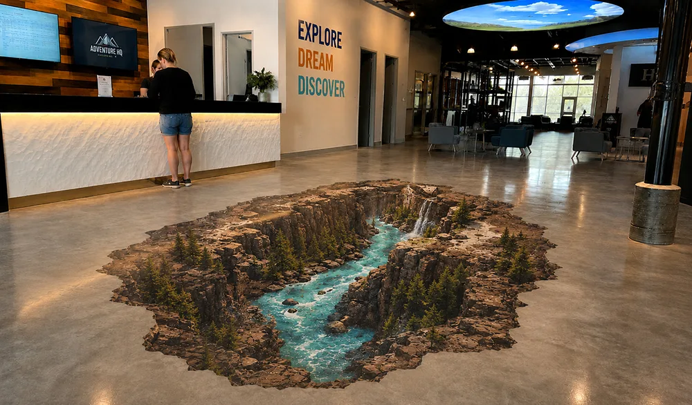 3D-style canyon and river floor print in a reception area.